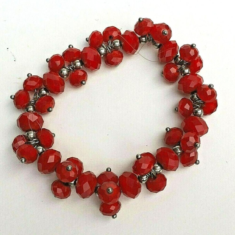 Vintage Faceted Red Glass and Silver Tone Bead Stretch Fringe Bracelet